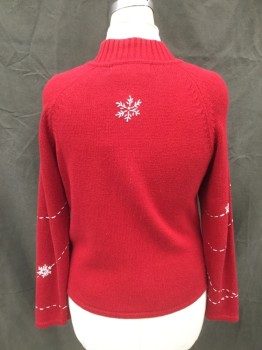 TIARA INTERNATIONAL, Red, White, Ramie, Cotton, Holiday, Red Zip Front, Ribbed Knit Stand Collar, Raglan Long Sleeves, Snowmen Appliqués,  Beaded Snowflakes, 1 Beaded Snowflake Center Back, Double