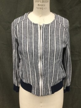 Womens, Casual Jacket, JOE FRESH, Denim Blue, White, Linen, Viscose, Stripes, M, Zip Front, No Collar, Yoke Front, Long Sleeves, Solid Navy Ribbed Knit Waistband/Cuff, Doubles