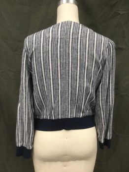 Womens, Casual Jacket, JOE FRESH, Denim Blue, White, Linen, Viscose, Stripes, M, Zip Front, No Collar, Yoke Front, Long Sleeves, Solid Navy Ribbed Knit Waistband/Cuff, Doubles