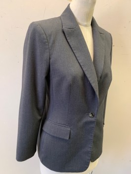 Womens, Suit, Jacket, CALVIN KLEIN, Gray, Polyester, Rayon, Solid, Sz.2, Single Breasted, Peaked Lapel, 1 Button, Fitted, 2 Pockets with Flaps, Lightly Padded Shoulders