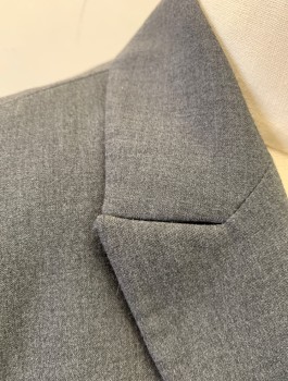 CALVIN KLEIN, Gray, Polyester, Rayon, Solid, Single Breasted, Peaked Lapel, 1 Button, Fitted, 2 Pockets with Flaps, Lightly Padded Shoulders