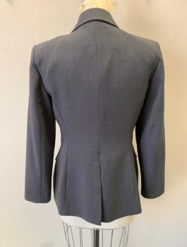 Womens, Suit, Jacket, CALVIN KLEIN, Gray, Polyester, Rayon, Solid, Sz.2, Single Breasted, Peaked Lapel, 1 Button, Fitted, 2 Pockets with Flaps, Lightly Padded Shoulders