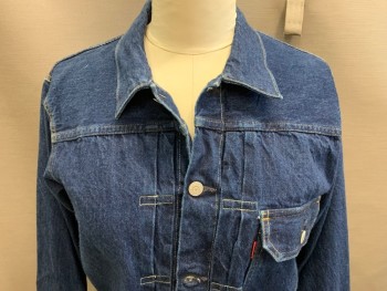 LEVI'S, Blue, Cotton, Solid, Vintage Styling, 1 Flap Pocket, Cropped and Boxy, Attached Back Buckle Belt, Front and Back Yoke, Stitched Tucks Center Front,