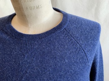 Mens, Pullover Sweater, 1901, Navy Blue, Cashmere, Heathered, M, Crew Neck, Ribbed Knit Neck/Waistband/Cuff, Raglan Long Sleeves