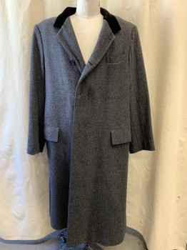 NL , Dk Gray, Wool, Heathered, Notched Lapel, Black Velvet Collar, Single Breasted, Button Front, 4 Buttons, 3 Pockets, Long-line
