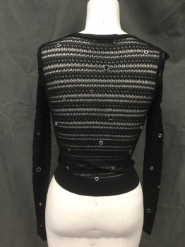 Womens, Top, ZARA KNITWEAR, Black, Viscose, Polyamide, Solid, S, Stripe Open Knit, Silver and Gold Ring Attached, Ribbed Knit Crew Neck/Waistband/Cuff