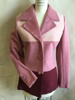 Womens, Jacket, LILLI ANN (Paris), Lt Pink, Mauve Pink, Red Burgundy, Suede, Polyester, Color Blocking, B:32, MauvePink Lining, Notched Lapel, Single Breasted, 3 Self Dusty Pink Suede Cover Button Front, Solid Dusty Pink Back, Long Sleeves,