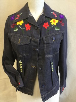 Womens, Jacket, FOX 74, Steel Blue, Cotton, Solid, Floral, B:40, Denim Jean Jacket, Notched Lapel, Self Cover Button Front, 2 Pockets with Matching Button (1 MISSING Button on Right Pocket), Red/yellow/purple/green/orange Large Embroidery Flower in Front & Back and Cuffs, Long Sleeves