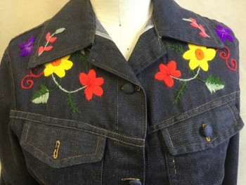 Womens, Jacket, FOX 74, Steel Blue, Cotton, Solid, Floral, B:40, Denim Jean Jacket, Notched Lapel, Self Cover Button Front, 2 Pockets with Matching Button (1 MISSING Button on Right Pocket), Red/yellow/purple/green/orange Large Embroidery Flower in Front & Back and Cuffs, Long Sleeves