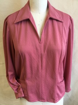 Womens, Blouse, DANY GIOR, Dusty Pink, Polyester, Geometric, W40, B:44, Dusty Dark Pink with Self Indent Tiny Square, V-neck with Collar Attached, Long Sleeves, 2 Pockets