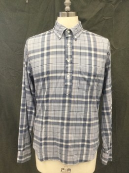J. CREW, Slate Blue, White, Gray, Peach Orange, Cotton, Plaid, Pullover, 1/2 Button Placket, Collar Attached, Long Sleeves, Button Cuff, 1 Pocket, Button Down Collar