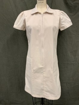 Womens, Nurses Dress, CREST, White, Poly/Cotton, Solid, 6, 1/2 Zip Front, 2 Hip Pockets, Collar Attached, Short Sleeves, Pleated at Shoulder with Button Detail