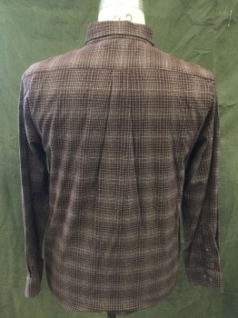 ROWM, Aubergine Purple, Gray, Cotton, Grid , Flannel, Button Front, Collar Attached, Button Down Collar, Long Sleeves, Button Cuff, 1 Pocket