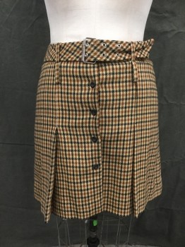 BE, Brown, Black, Cream, Wool, Nylon, Grid , Stripes - Diagonal , Above Knee, Button Front, Drop Pleats, No Waistband, Double Belt Loops, Self Belt with Silver Buckle