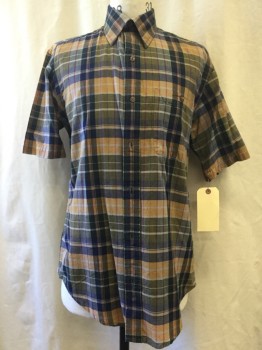 ORVIS, Navy Blue, Olive Green, Brown, Gray, Purple, Cotton, Plaid, Button Front, Collar Attached, Short Sleeves, 1 Pocket,