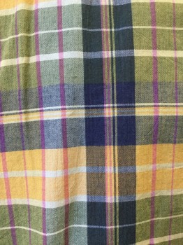 ORVIS, Navy Blue, Olive Green, Brown, Gray, Purple, Cotton, Plaid, Button Front, Collar Attached, Short Sleeves, 1 Pocket,