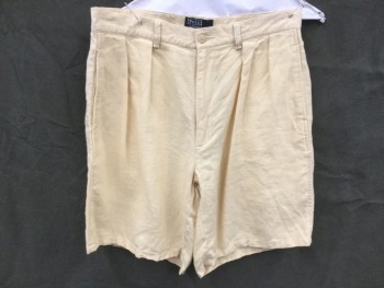 Mens, Shorts, POLO, Butter Yellow, Cotton, Solid, W 31, Appears Linen, Double Pleats, 4 Pockets, Zip Fly, Belt Loops,