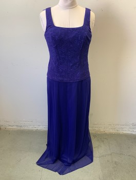 Womens, 1990s Vintage, Dress, ALEX EVENING, Violet Purple, Metallic, Acetate, Polyester, Abstract , Solid, Sz. 10, Sleeveless, Textured Stretch Material with Glittery Specks, Top Attached to Lower Bottom Half, Scoop Neck, Ankle Length,