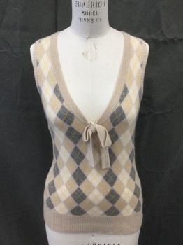 Womens, Pullover, J. CREW SONTUOSA, Oatmeal Brown, Cream, Heather Gray, Yellow, Cashmere, Argyle, Solid, M, Sleeveless Pull Over Vest, Argyle Front, Solid Oatmeal Ribbed Knit Armholes/Waistband, Solid Oatmeal V-neck Collar with Self Tie, Solid Oatmeal Back