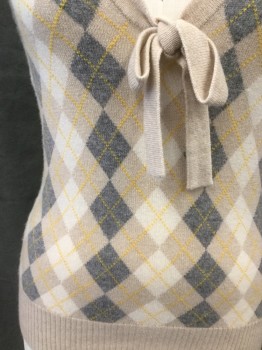 Womens, Pullover, J. CREW SONTUOSA, Oatmeal Brown, Cream, Heather Gray, Yellow, Cashmere, Argyle, Solid, M, Sleeveless Pull Over Vest, Argyle Front, Solid Oatmeal Ribbed Knit Armholes/Waistband, Solid Oatmeal V-neck Collar with Self Tie, Solid Oatmeal Back