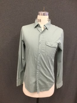 BONOBOS, Dusty Green, Cotton, Solid, Button Front, Collar Attached, Hidden Button Down Collar, Long Sleeves, 1 Flap Pocket