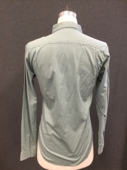 BONOBOS, Dusty Green, Cotton, Solid, Button Front, Collar Attached, Hidden Button Down Collar, Long Sleeves, 1 Flap Pocket