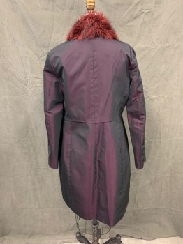 Womens, Evening Jacket, JIL SANDER, Red Burgundy, Synthetic, Solid, B 34, S, Iridescent Burgundy, Vertical Waist Seam Pleat, Open Front, 2 Pockets, Long Sleeves, Faux Dark Red/Black Collar/Lapel,