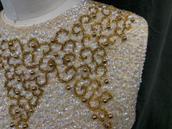 OHRBACH'S, Pearl White, Gold, Wool, Beaded, Diamonds, Swirl , Beaded Shell, Pearl Beads with Gold Diamond Shapes Around Neck and Swirls Around Hem, Sleeveless, Zip Back,