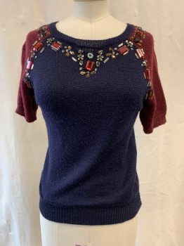 Womens, Top, J.CREW, Navy Blue, Red Burgundy, Acrylic, Color Blocking, XXS, Knit, Crew Neck, Pullover, Assorted Rhinestones Along Neckline, Shoulders, & Sleeves, Short Sleeves