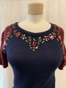 Womens, Top, J.CREW, Navy Blue, Red Burgundy, Acrylic, Color Blocking, XXS, Knit, Crew Neck, Pullover, Assorted Rhinestones Along Neckline, Shoulders, & Sleeves, Short Sleeves