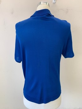 ENRICO FELINI, Blue, Lt Blue, White, Ban-lon Synthetic, Solid, Stripes - Vertical , Solid with Vertical Rectangles at Center Front, Knit, Short Sleeved Button Front, Collar Attached, Rib Knit Collar Attached, Fabric Covered Buttons,