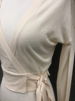 MARCIANO, Antique White, Wool, Solid, Short Wrap Cardigan, Ribbed Knit Cuff, Long Sleeves, Wrap Around Side Waist Tie