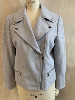 Womens, Casual Jacket, ANN TAYLOR, Lt Gray, Silver, Polyester, Nylon, Solid, B37, MP, Motorcycle Double Breasted Style, Zippers and Snaps, Quilting at Shoulders