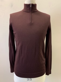 Mens, Pullover Sweater, REISS, Wine Red, Wool, Solid, M, L/S, High Neck with Zipper
