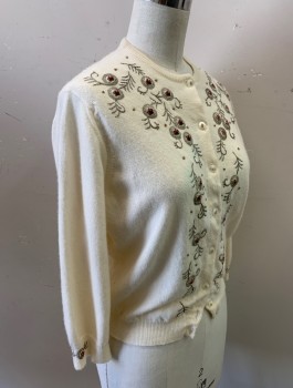 Womens, Sweater, BERNHARD ALTMAN, Cream, Silver, Pink, Cashmere, Ovals, Floral, B:36, Cardigan, Knit, Embroidered Ovals With Roses, 3/4 Sleeves