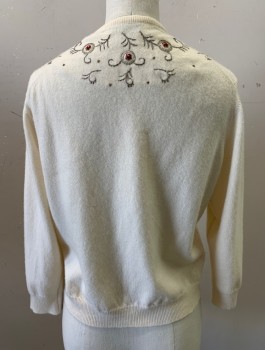 Womens, Sweater, BERNHARD ALTMAN, Cream, Silver, Pink, Cashmere, Ovals, Floral, B:36, Cardigan, Knit, Embroidered Ovals With Roses, 3/4 Sleeves