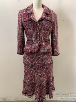 CYNTHIA STEFFE, Red, Lilac Purple, Black, Mint Green, White, Wool, Tweed, Collar Attached, Single Breasted, Button Front, 4 Pockets, Burgundy Velvet Trim, Purple Wavy Trim on Pocket