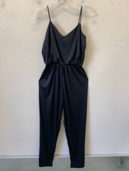 Womens, Jumpsuit, OOPS, Black, Polyester, Cotton, Solid, W23-28, B:34, H:36, Spaghetti Straps, V-Neck, Elastic Waist, Tapered Leg, Disco