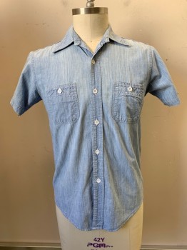 Mens, Casual Shirt, NO LABEL, Lt Blue, Cotton, 40, S/S, Button Front, Collar Attached, Chest Pockets