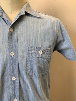 Mens, Casual Shirt, NO LABEL, Lt Blue, Cotton, 40, S/S, Button Front, Collar Attached, Chest Pockets