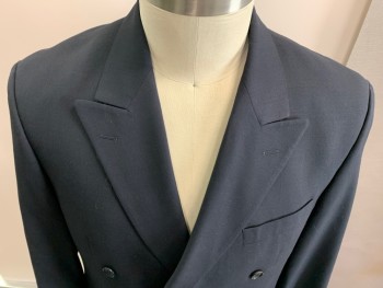 MARKS & SPENCER, Navy Blue, Wool, Solid, "Travel" Double Breasted, Peaked Lapel, 3 Pockets,