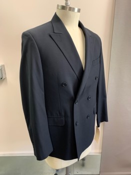 MARKS & SPENCER, Navy Blue, Wool, Solid, "Travel" Double Breasted, Peaked Lapel, 3 Pockets,