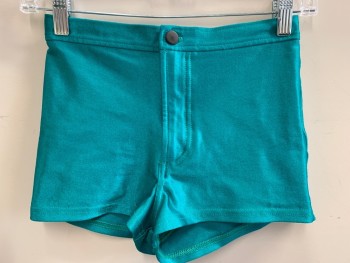 American Apparel, Aqua Blue, Nylon, Elastane, Solid, Mini Shorts, Flat Front, Zip Front, Back Pockets