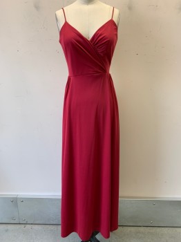 NO LABEL, Cranberry Red, Polyester, Solid, Spaghetti Strap, V Neck, Crossover, Pleated, Back Zipper, Minor Holes on Waist