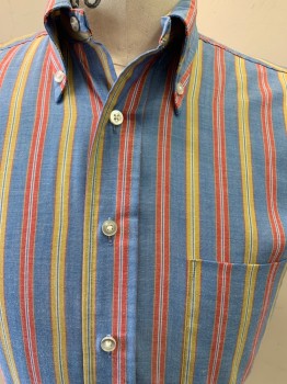 CAMPUS, Blue, Red, Gold, Poly/Cotton, Stripes - Vertical , S/S, Button Down Collar, 1 Left Chest Pocket,pearl Buttons