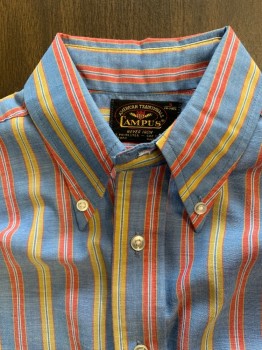 Mens, Shirt, CAMPUS, Blue, Red, Gold, Poly/Cotton, Stripes - Vertical , S, 14.5, S/S, Button Down Collar, 1 Left Chest Pocket,pearl Buttons