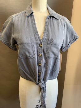 Womens, Blouse, ABERCROMBIE & FITCH, Gray, Lyocell, Solid, XXS, Button Front, V-neck, Collar Attached, Self Tie Front, Mid-drift, Cuffed Short Sleeves, 2 Pockets,