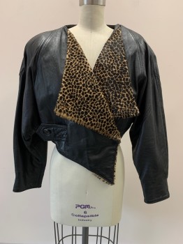 Womens, Leather Jacket, DERO ENTERPRISES, Black, Khaki Brown, Leather, Animal Print, Solid, B32, L/S, Crossover With Strap And Snap Button, Fur Lapel, Shoulder Pads