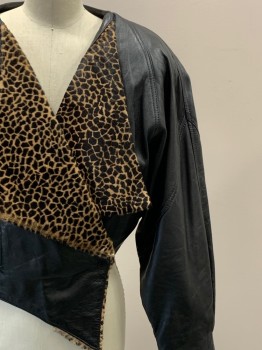 Womens, Leather Jacket, DERO ENTERPRISES, Black, Khaki Brown, Leather, Animal Print, Solid, B32, L/S, Crossover With Strap And Snap Button, Fur Lapel, Shoulder Pads