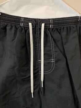 Mens, Swim Trunks, WATER SAFETY PRODUCT, Black, White, Nylon, Polyester, Solid, 2XL, Elastic Waist Band With D String, Side Pockets, White Stitching